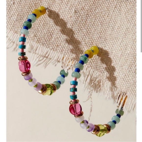 Free People Jewelry - Free People Panama Beaded Hoop Earrings Acrylic
Glass Stone Beads Colorful Hoops